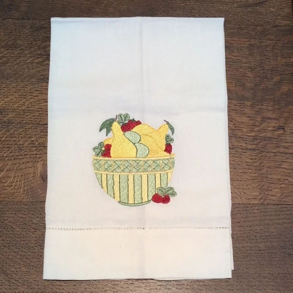 Embroidered Fruit Basket Tea Towel